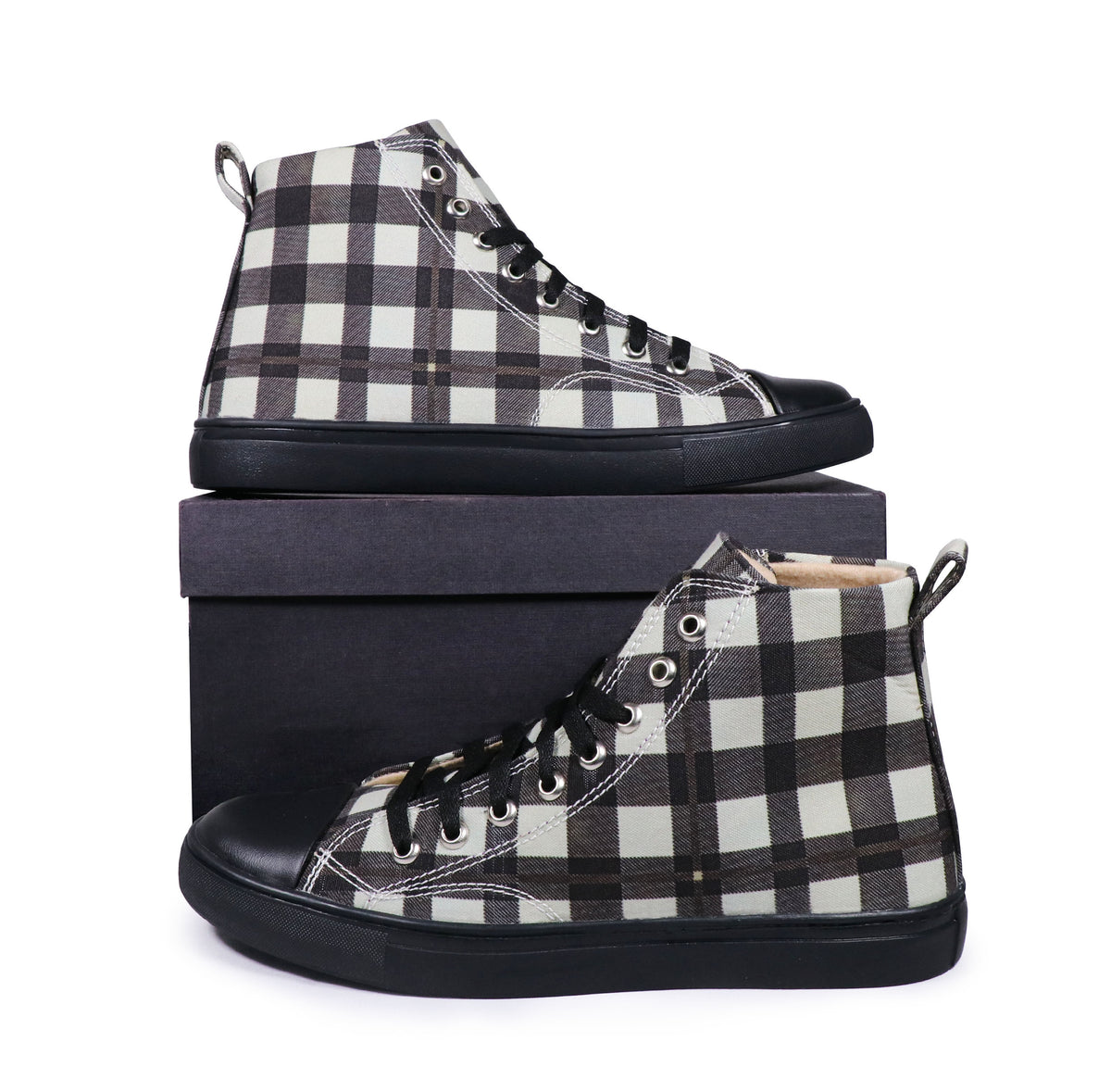 Black Checkers - Men's High-Top Canvas Sneaker
